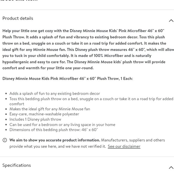 'MINNIE MOUSE' PLUSH THROW BLANKET "DISNEY" - Picture 14 of 16